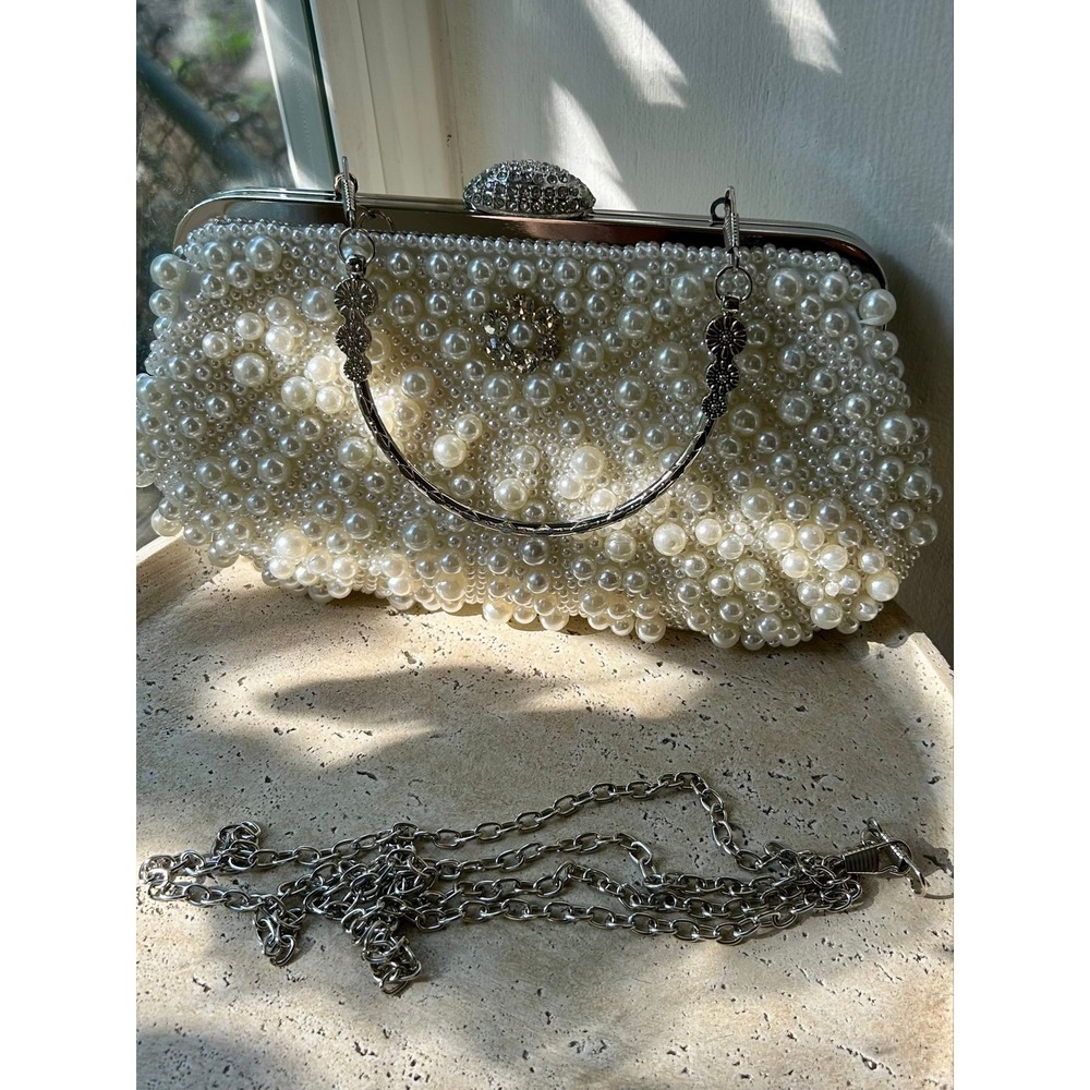 Candlelight Toast Pearl Clutch | Ivory Pearl Bridal Clutch with Crystal Clasp